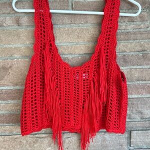 Zara Red Crochet Fringe Top